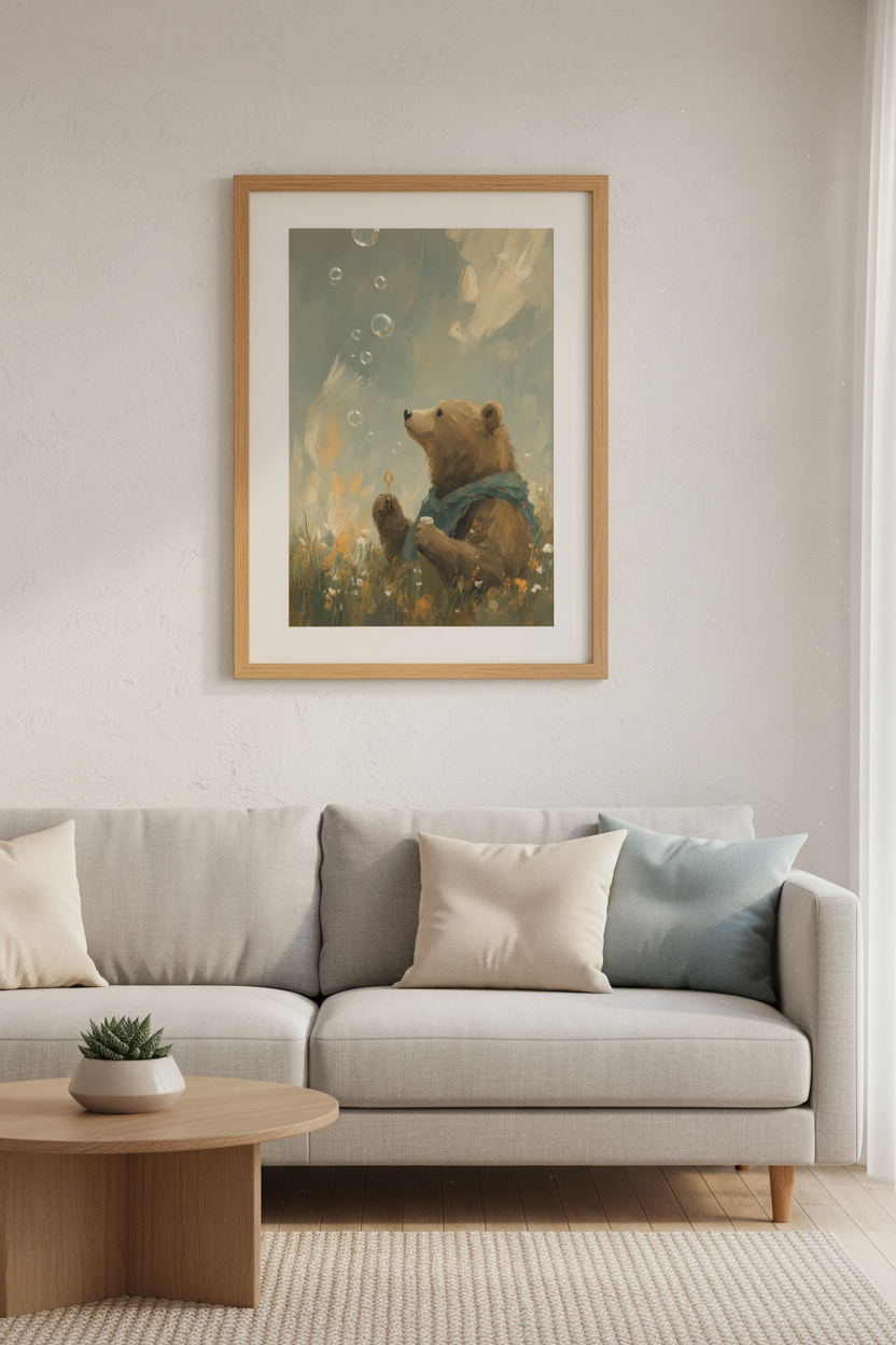 Whimsical Bear Bubbles Wall Art | Nursery Decor | Impressionist Animal Poster