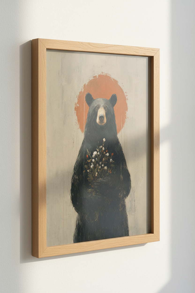 Black Bear with Flowers Oil Painting | Cabin Nursery Decor | Rustic Nature Poster