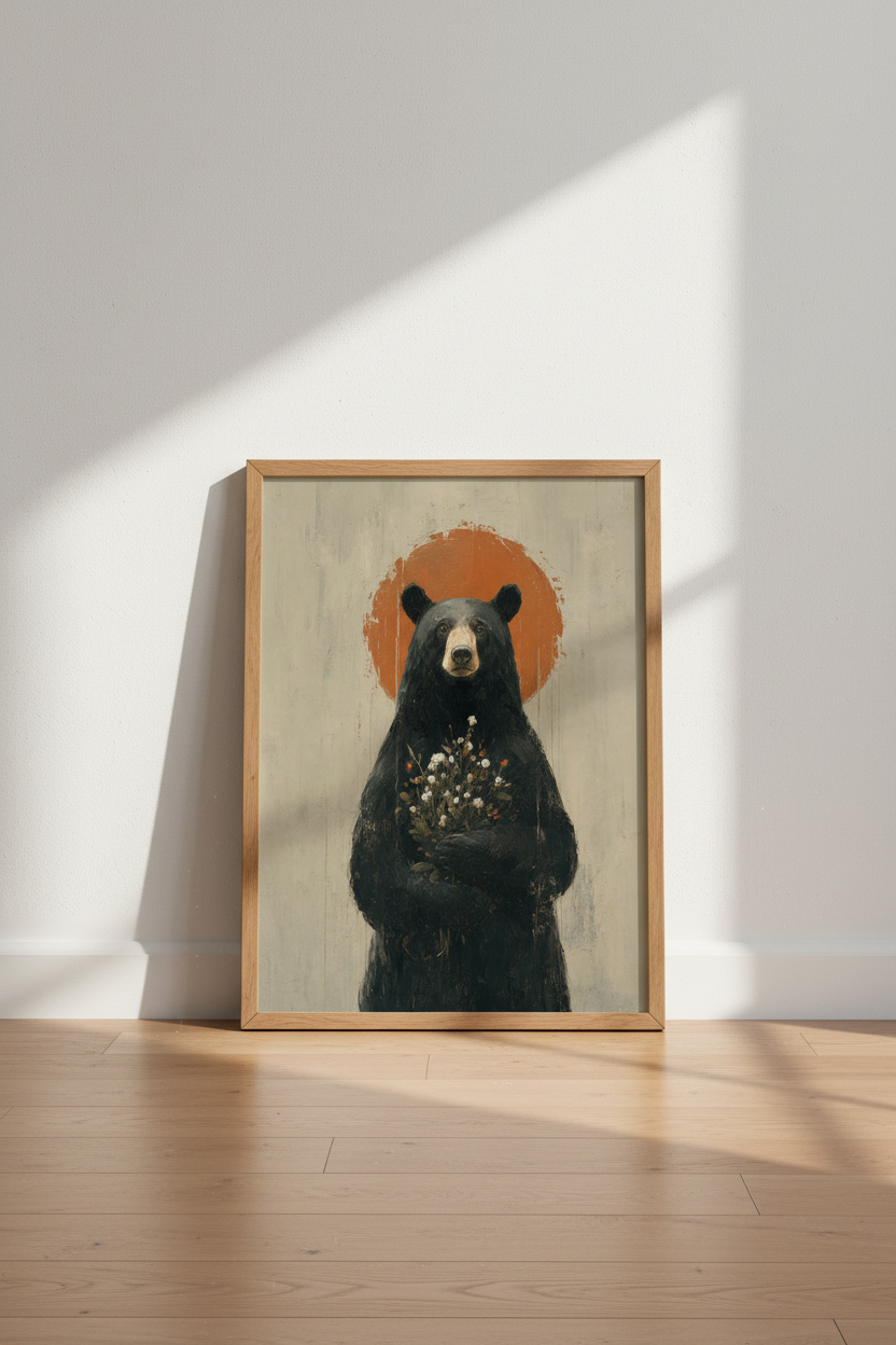 Black Bear with Flowers Oil Painting | Cabin Nursery Decor | Rustic Nature Poster