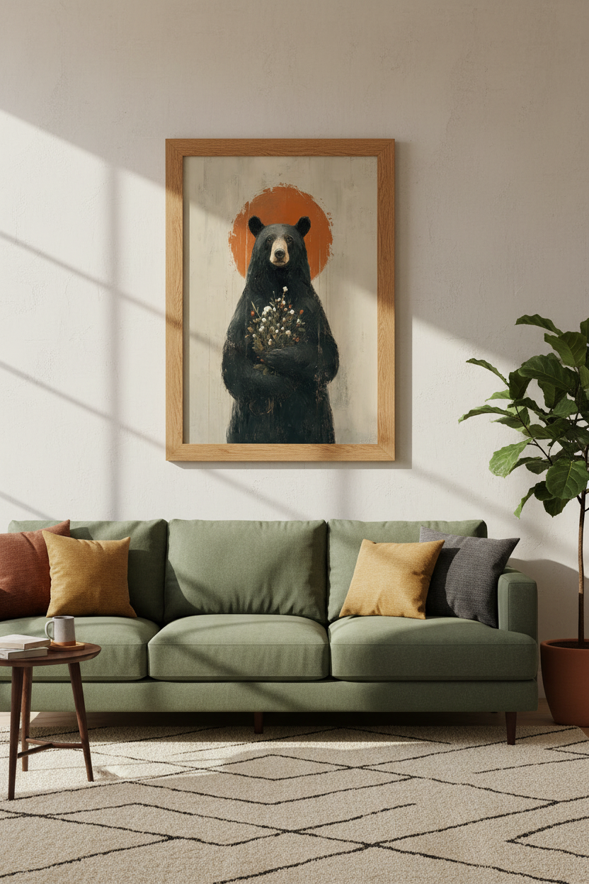 Black Bear with Flowers Oil Painting | Cabin Nursery Decor | Rustic Nature Poster