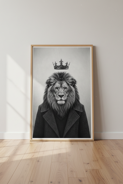 Lion King in Suit Wall Art | Black and White Royal Animal, Office Decor