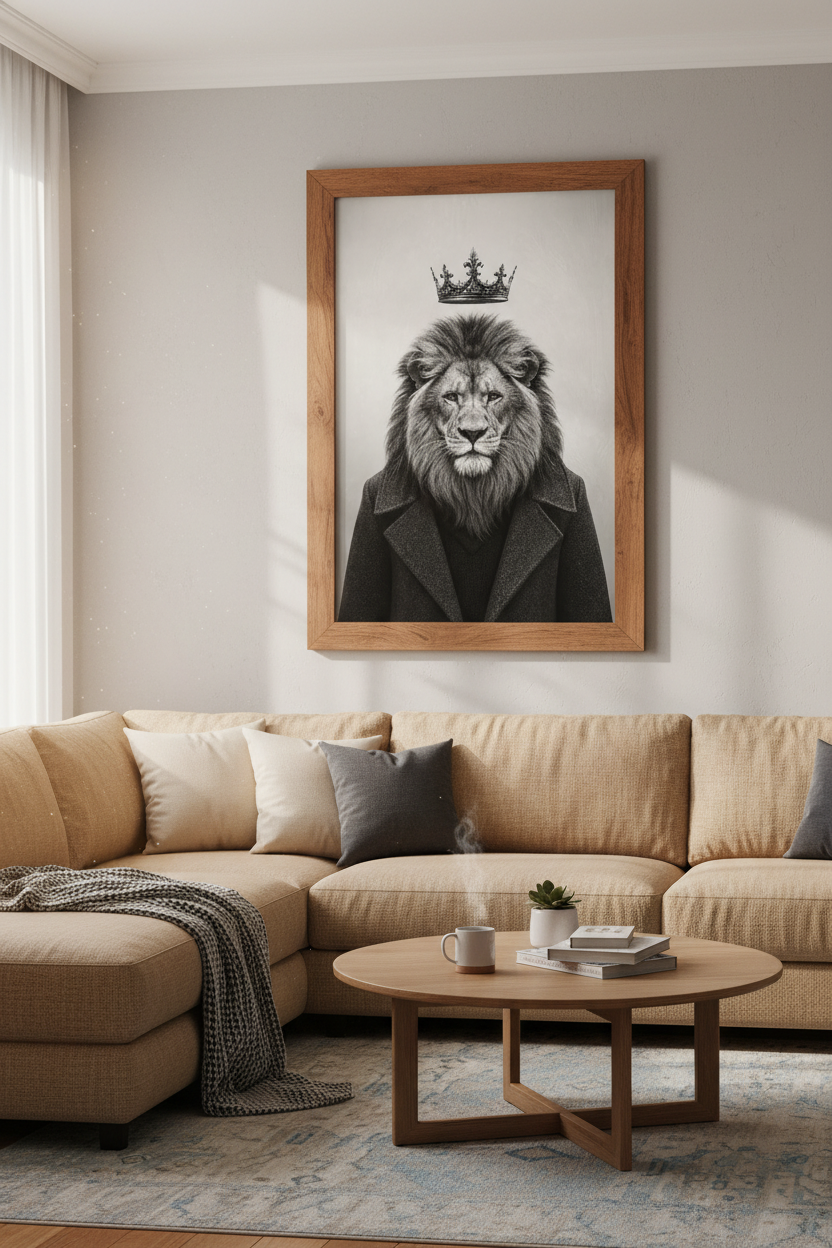 Lion King in Suit Wall Art | Black and White Royal Animal, Office Decor