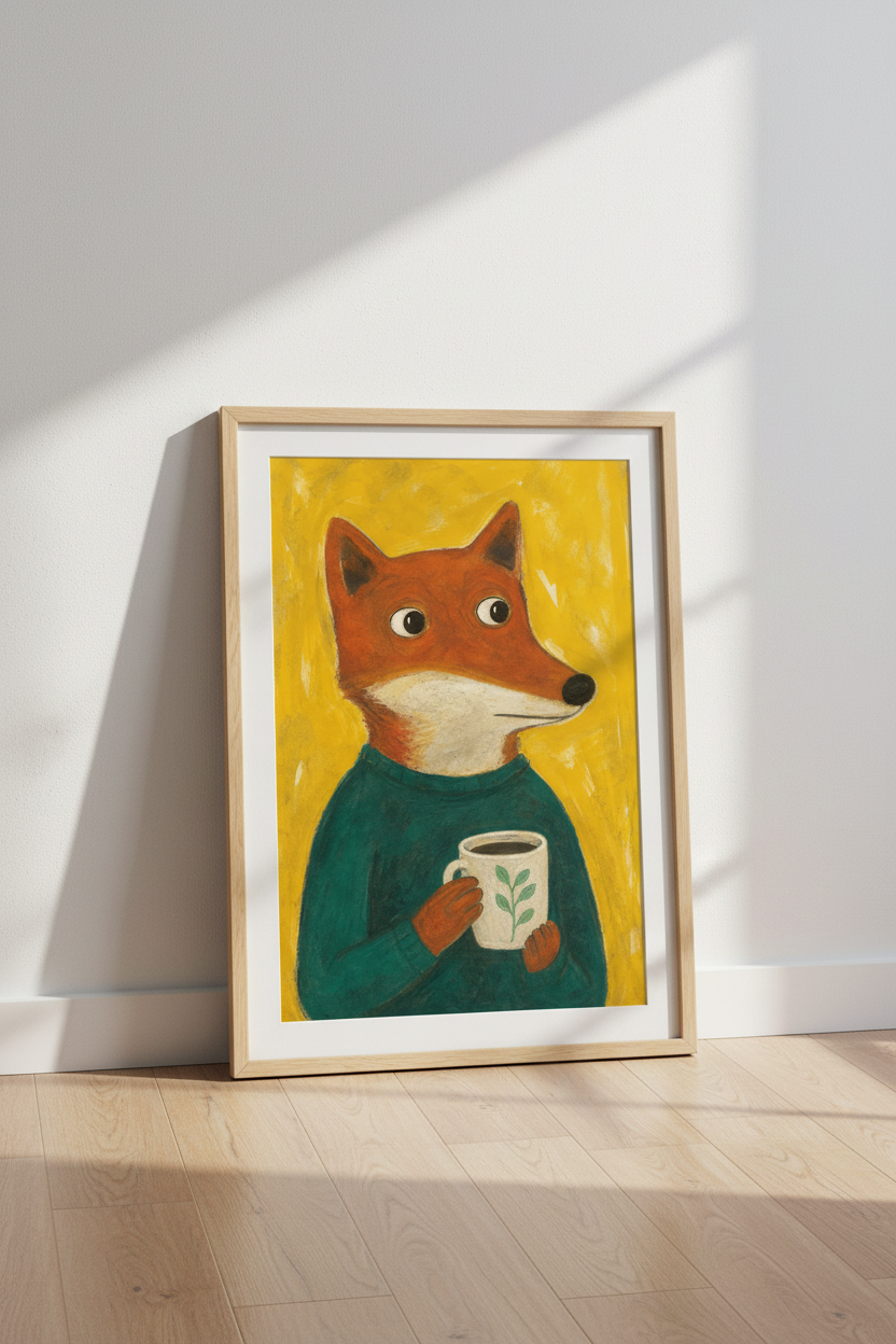 Fox Wall Art | Whimsical Coffee Creature Illustration, Sunny Living Room Decor