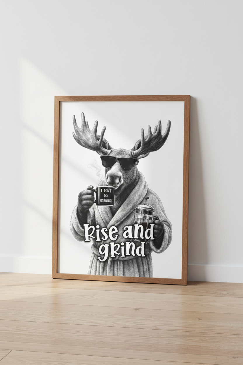 Funny Moose Coffee Wall Art | Rise and Grind Black and White Print, Kitchen Decor