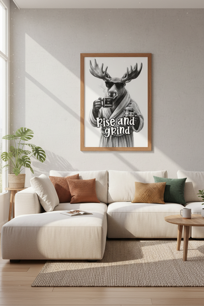Funny Moose Coffee Wall Art | Rise and Grind Black and White Print, Kitchen Decor