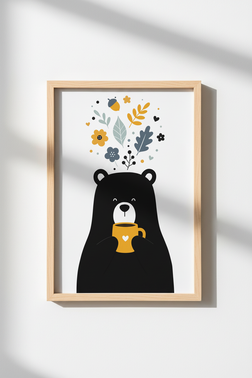 Cute Bear Wall Art | Playful Minimalist Black &amp; Yellow, Living Room Decor
