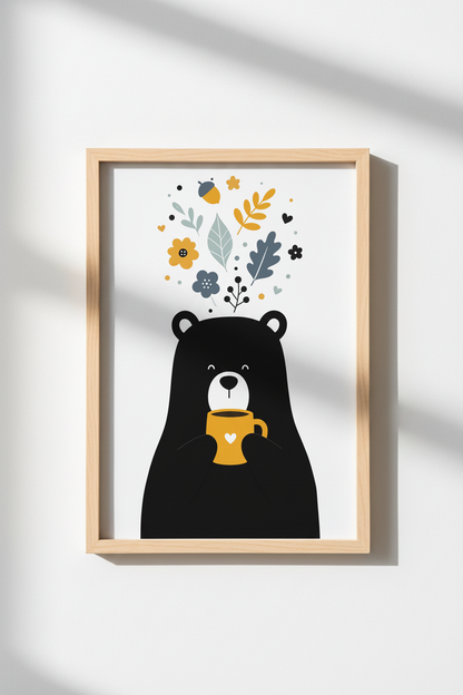 Cute Bear Wall Art | Playful Minimalist Black &amp; Yellow, Living Room Decor