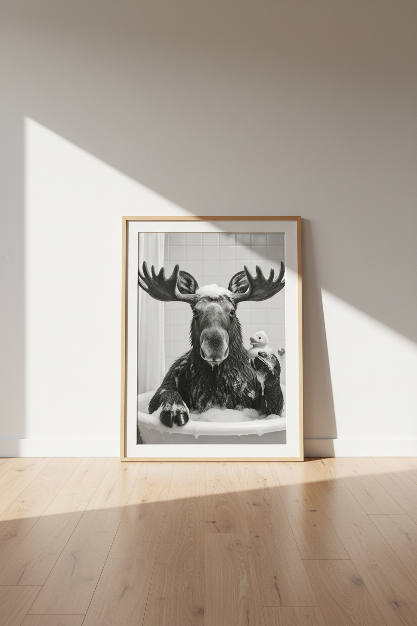 Moose in Bathtub Wall Art | Funny Black &amp; White Animal Poster, Bathroom Decor