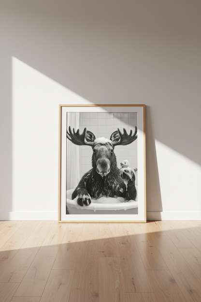 Moose in Bathtub Wall Art | Funny Black &amp; White Animal Poster, Bathroom Decor