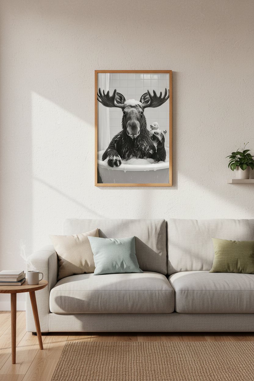 Moose in Bathtub Wall Art | Funny Black &amp; White Animal Poster, Bathroom Decor