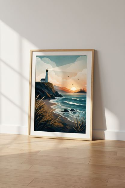 Lighthouse Sunset Wall Art | Coastal Landscape Poster, Beach House Decor