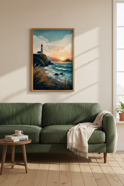 Lighthouse Sunset Wall Art | Coastal Landscape Poster, Beach House Decor