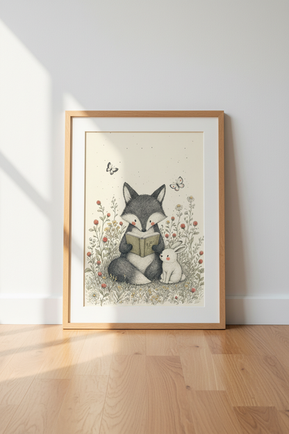 Reading Fox &amp; Bunny Art Print | Woodland Nursery Decor | Whimsical Storybook Poster