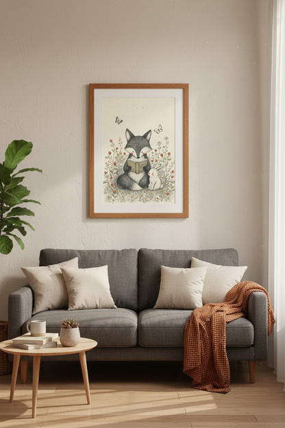 Reading Fox &amp; Bunny Art Print | Woodland Nursery Decor | Whimsical Storybook Poster