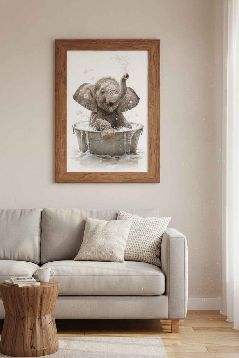 Baby Elephant Bath Print | Nursery Bathroom Decor | Cute Animal Poster