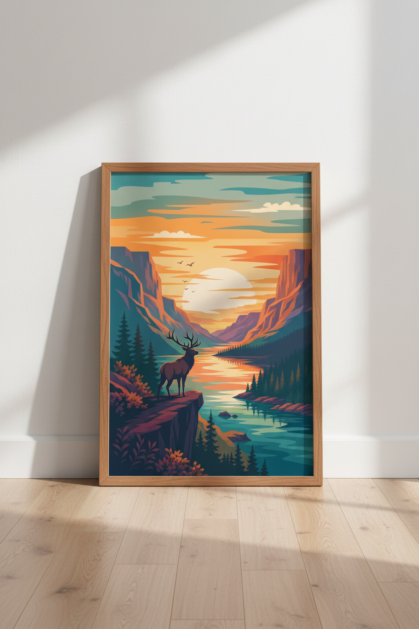 Mountain Elk Landscape Wall Art Print | Cabin Decor | Vibrant Sunset Poster