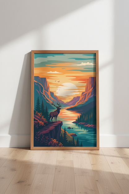 Mountain Elk Landscape Wall Art Print | Cabin Decor | Vibrant Sunset Poster