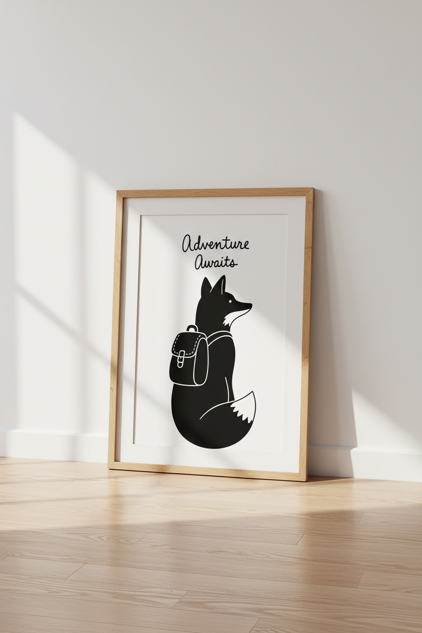 Fox Adventure Awaits Wall Art Print | Woodland Nursery Decor | Minimalist Poster