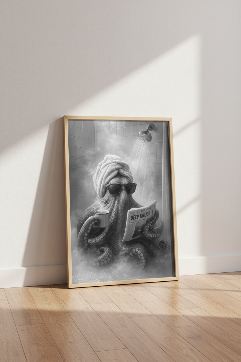 Octopus in Shower Art Print | Funny Bathroom Decor | Black and White Poster