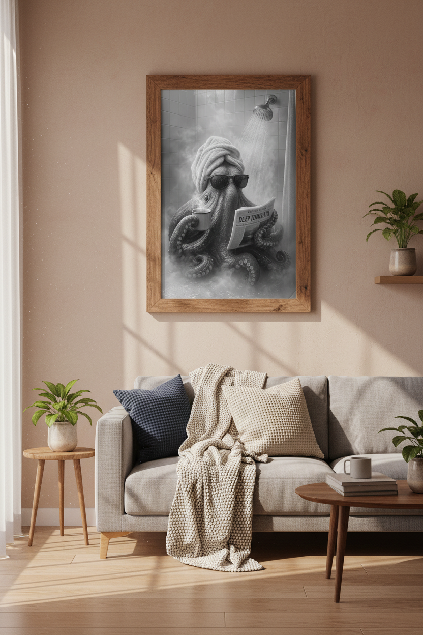 Octopus in Shower Art Print | Funny Bathroom Decor | Black and White Poster