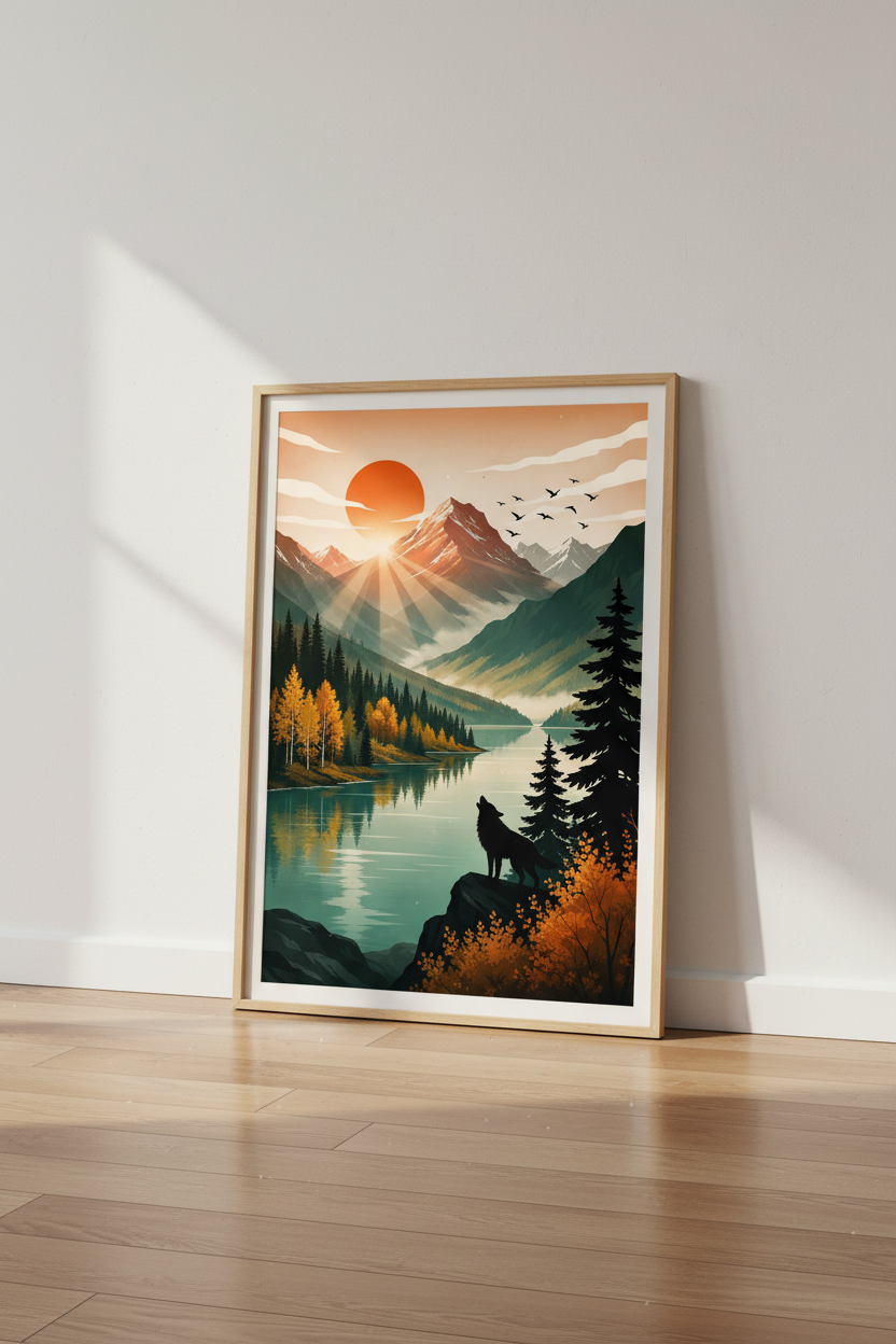 Wolf &amp; Mountain Sunrise Wall Art Print | Cabin Decor | Rustic Nature Poster