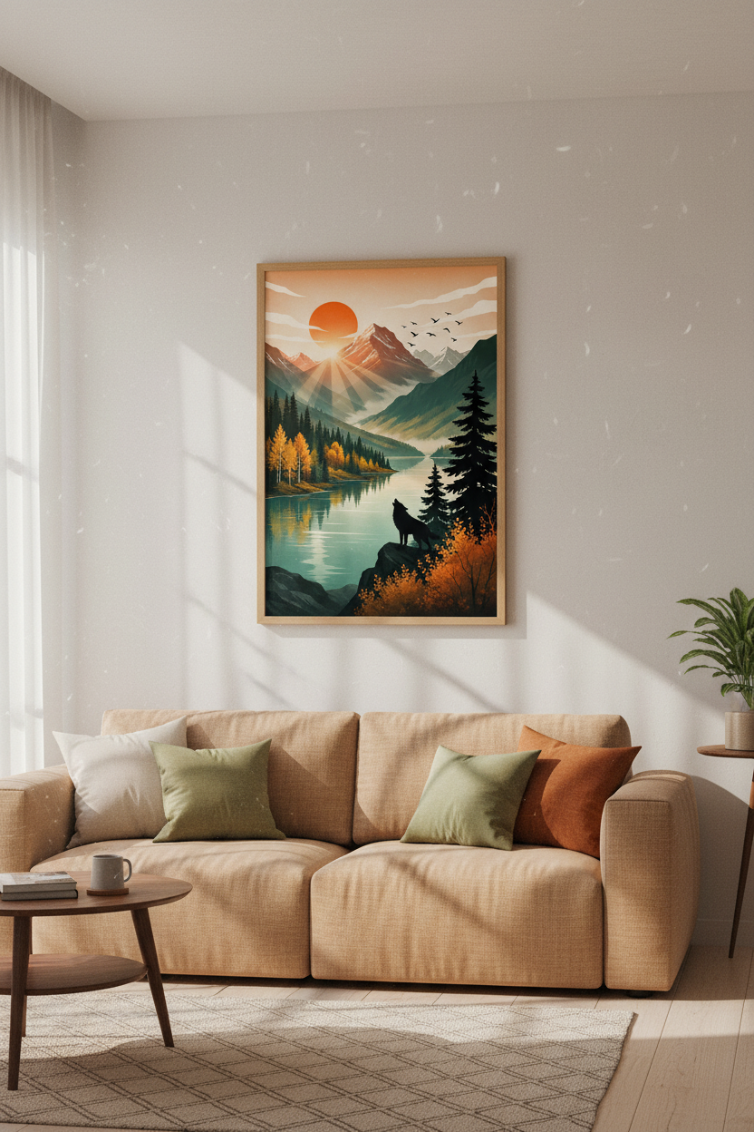 Wolf &amp; Mountain Sunrise Wall Art Print | Cabin Decor | Rustic Nature Poster