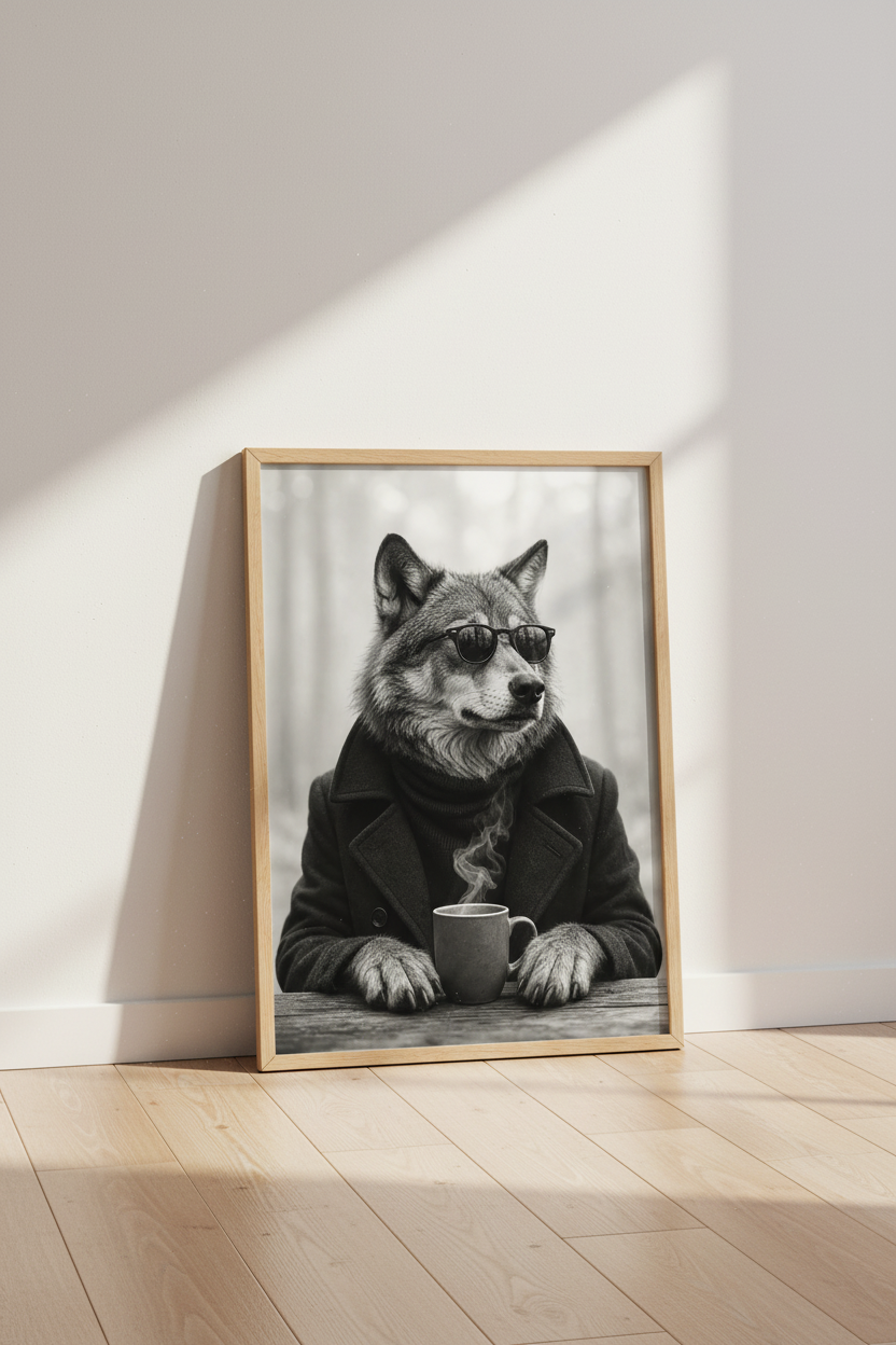 Cool Wolf Drinking Coffee Wall Art | Modern Black and White Poster | Office Decor