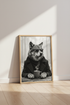 Cool Wolf Drinking Coffee Wall Art | Modern Black and White Poster | Office Decor