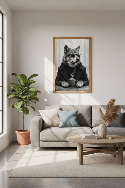 Cool Wolf Drinking Coffee Wall Art | Modern Black and White Poster | Office Decor