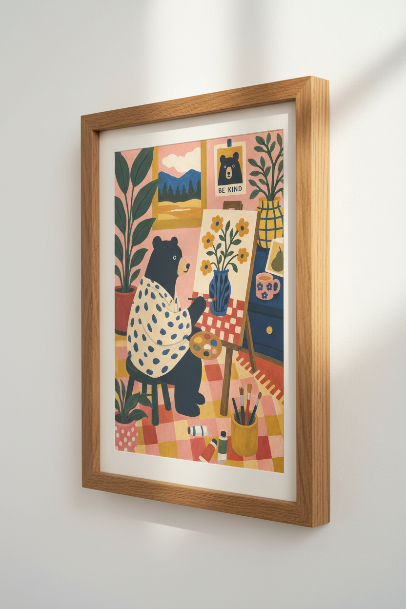 Painting Bear Folk Art Print | Whimsical Nursery Decor | Cottagecore Poster