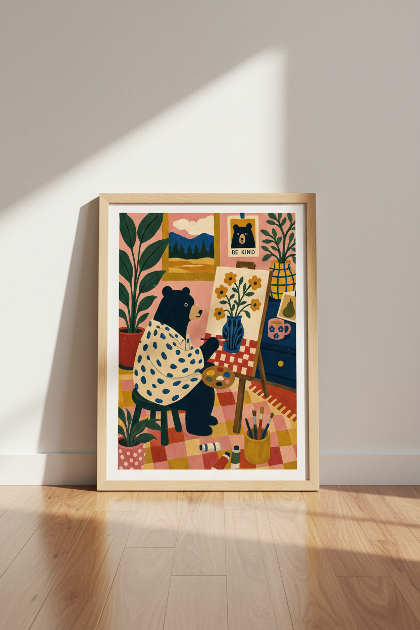 Painting Bear Folk Art Print | Whimsical Nursery Decor | Cottagecore Poster