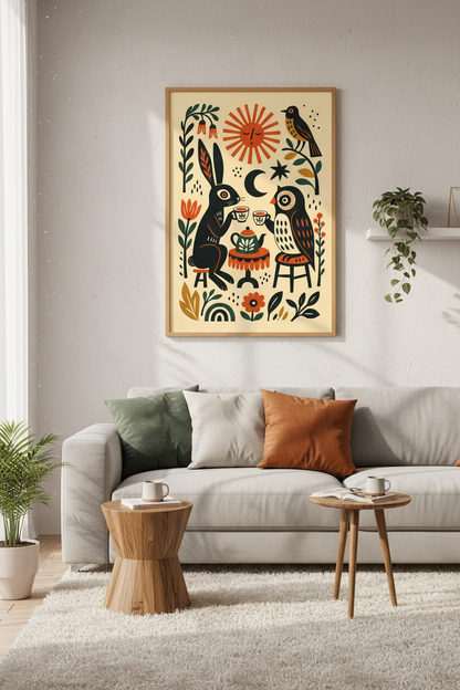 Folk Art Rabbit &amp; Owl Tea Party | Woodland Kitchen Decor | Boho Mystical Poster