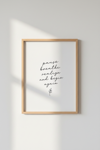 Pause Breathe Realign Wall Art | Minimalist Quote Poster | Zen Meditation Decor