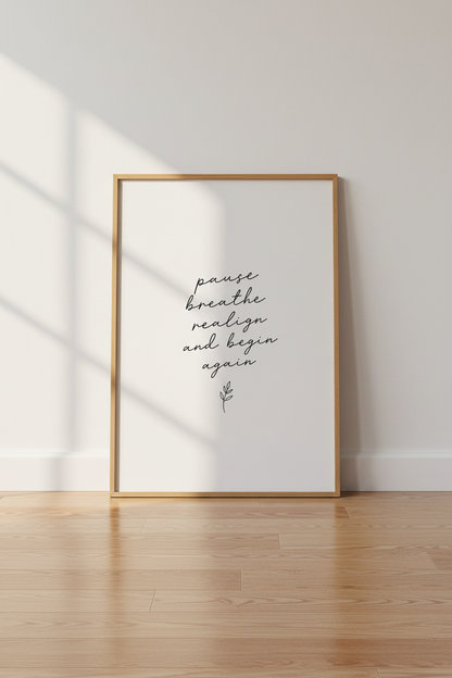 Pause Breathe Realign Wall Art | Minimalist Quote Poster | Zen Meditation Decor