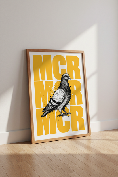 Manchester Pigeon Wall Art | MCR Yellow Ink Poster, Urban City Decor