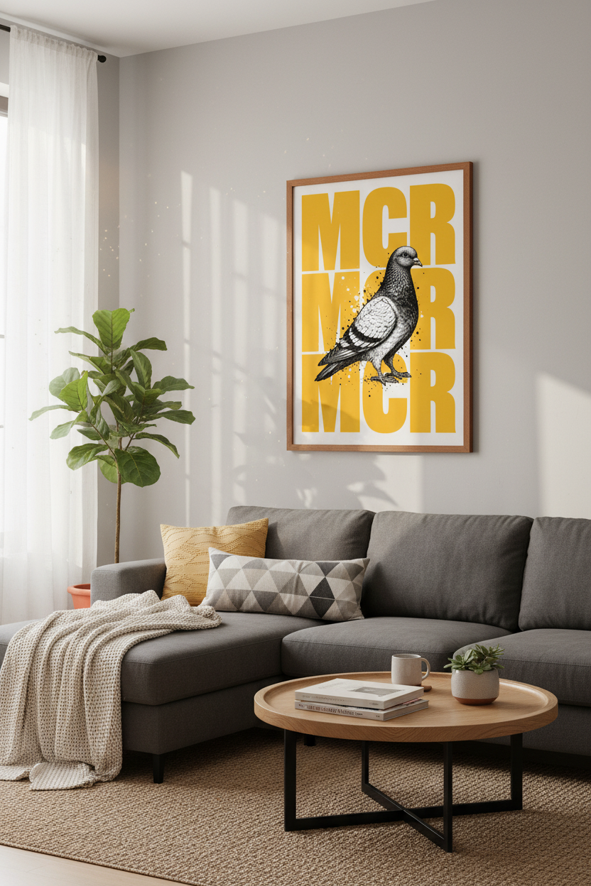 Manchester Pigeon Wall Art | MCR Yellow Ink Poster, Urban City Decor
