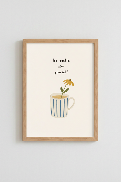 Be Gentle With Yourself Art | Minimalist Flower Mug Print, Mental Health Decor