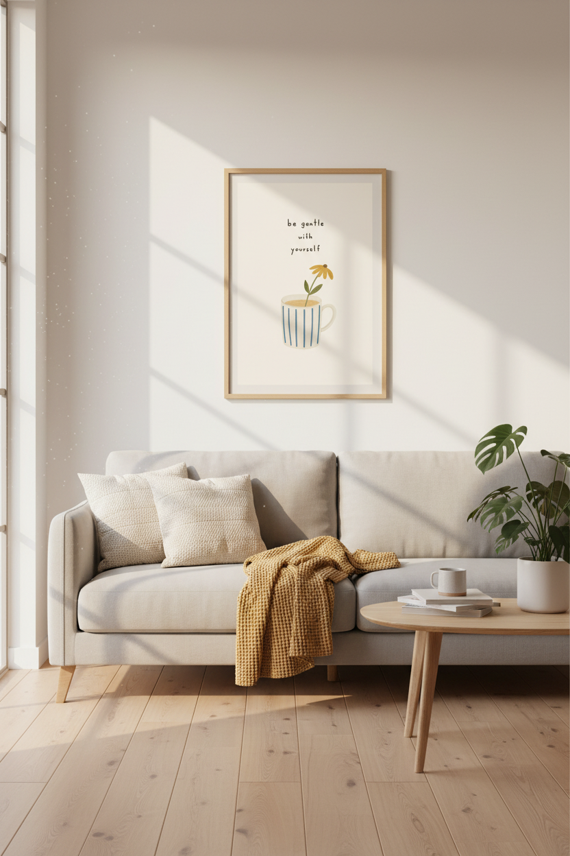 Be Gentle With Yourself Art | Minimalist Flower Mug Print, Mental Health Decor