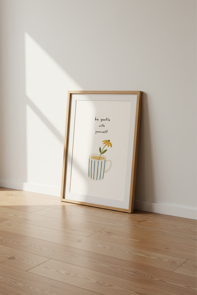 Be Gentle With Yourself Art | Minimalist Flower Mug Print, Mental Health Decor