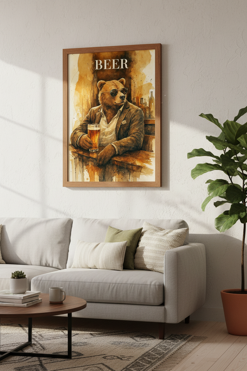 Beer Bear in Suit Wall Art | Home Bar Decor, Watercolor Animal Poster