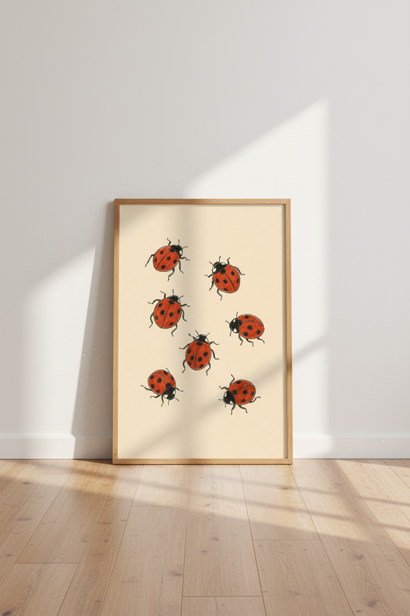 Ladybug Sketch Wall Art | Vintage Red Nature Print, Nursery &amp; Cottagecore Decor