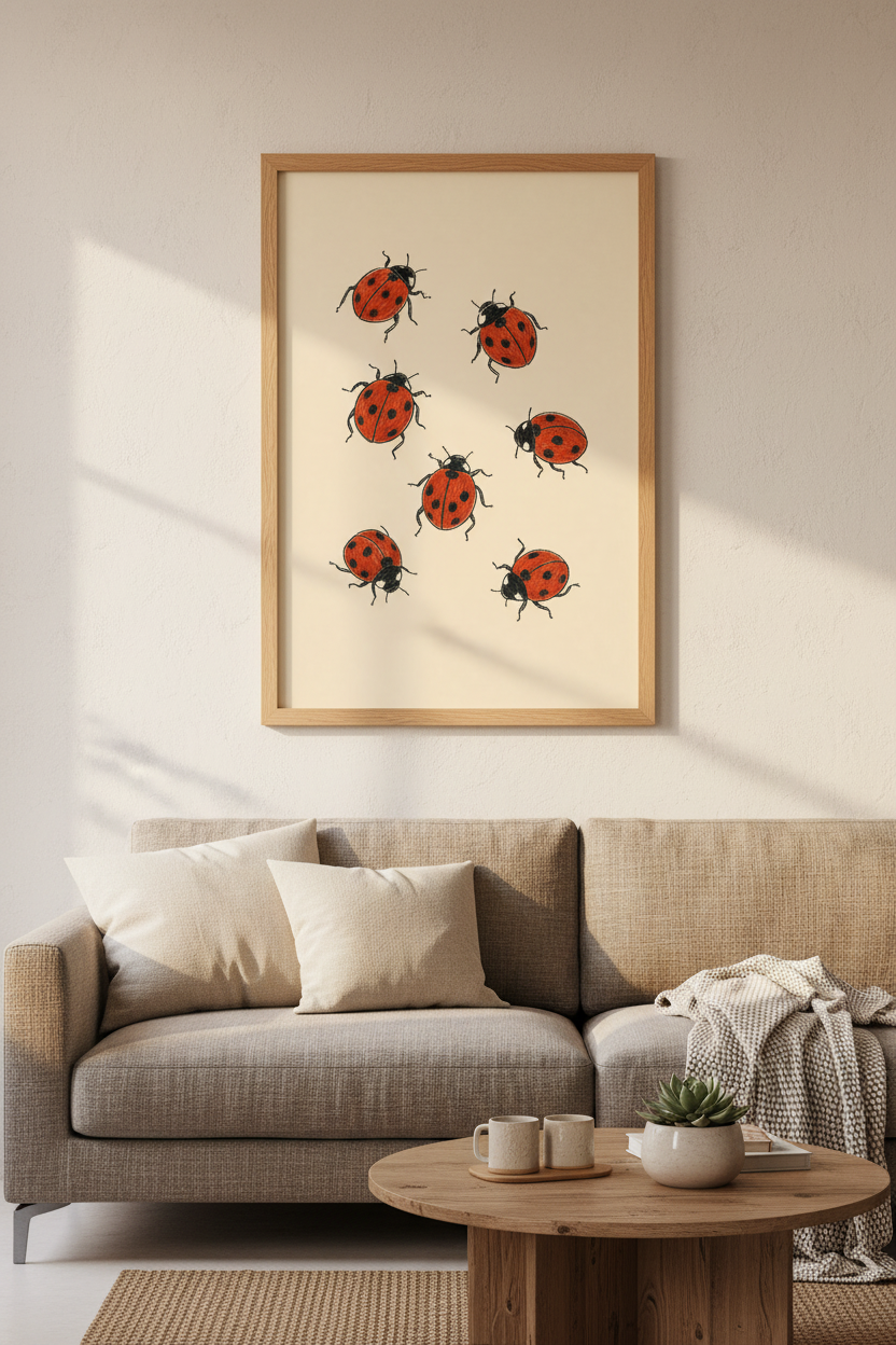 Ladybug Sketch Wall Art | Vintage Red Nature Print, Nursery &amp; Cottagecore Decor