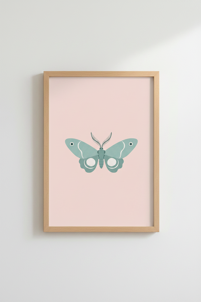 Minimalist Moth Wall Art | Pastel Teal &amp; Blush Pink Decor | Modern Insect Poster