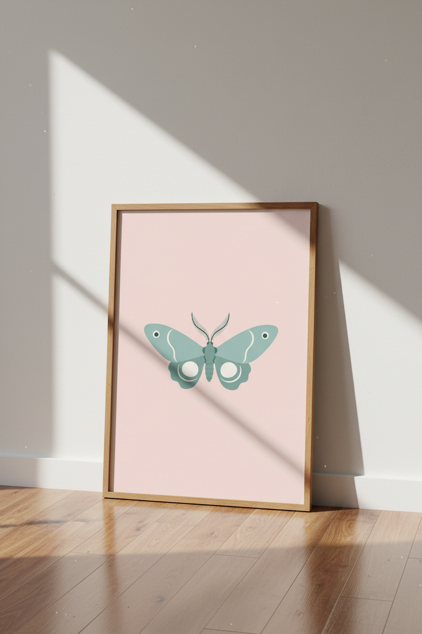 Minimalist Moth Wall Art | Pastel Teal &amp; Blush Pink Decor | Modern Insect Poster