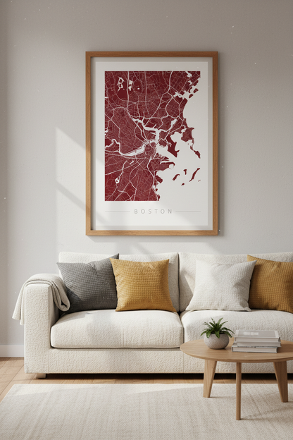 Boston City Map Wall Art | Minimalist Burgundy Poster | Office Decor