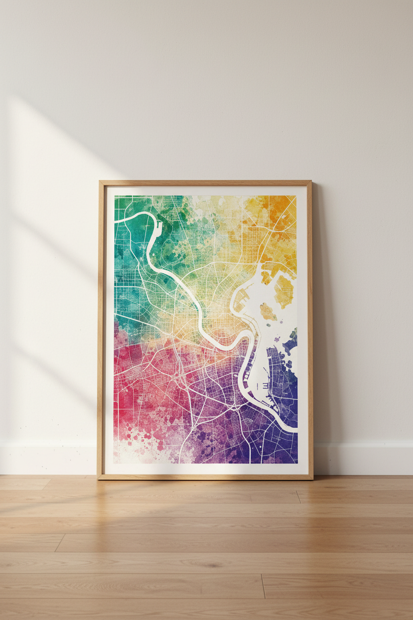 Watercolor City Map | Rainbow Abstract Street Map, Modern Office Decor Poster