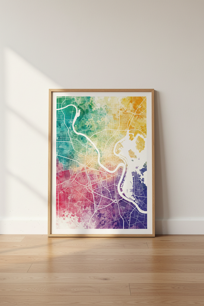 Watercolor City Map | Rainbow Abstract Street Map, Modern Office Decor Poster