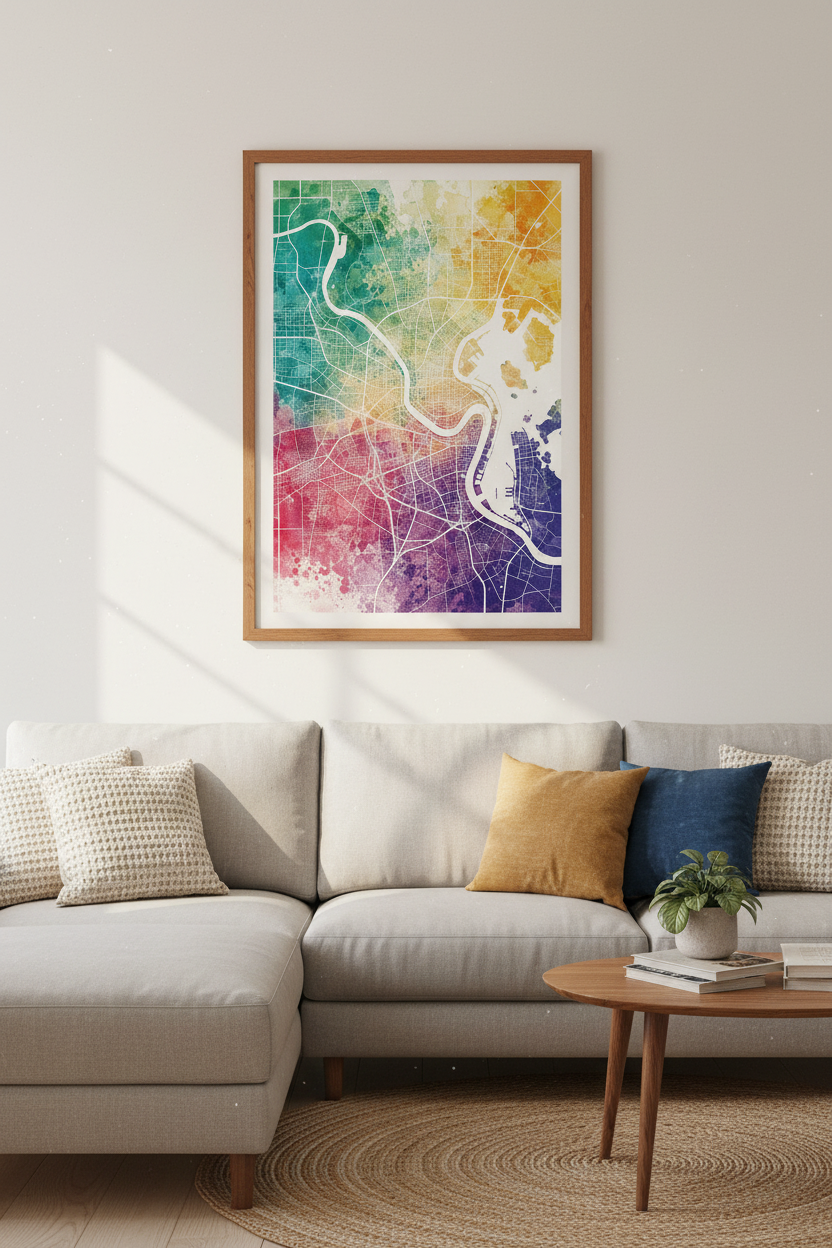 Watercolor City Map | Rainbow Abstract Street Map, Modern Office Decor Poster
