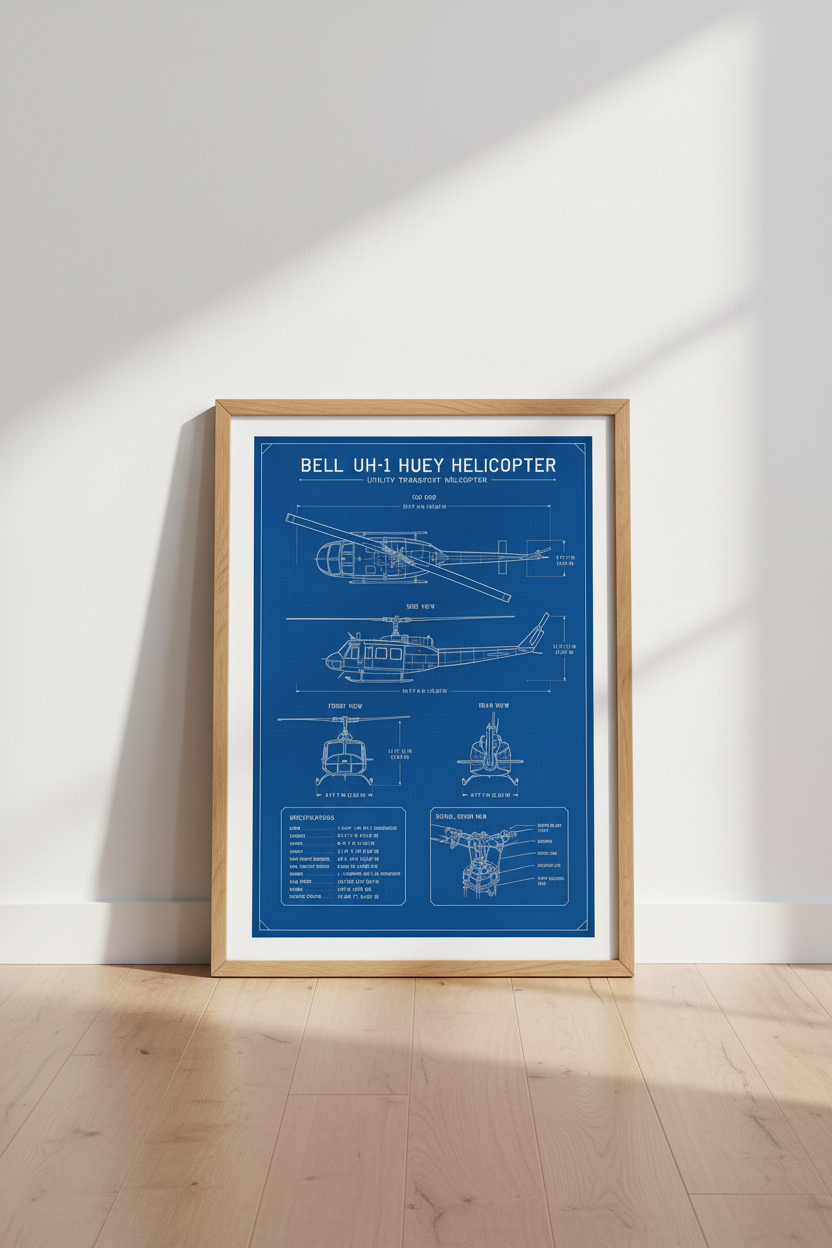Bell UH-1 Huey Helicopter Blueprint Wall Art | Office Decor | Aviation Poster
