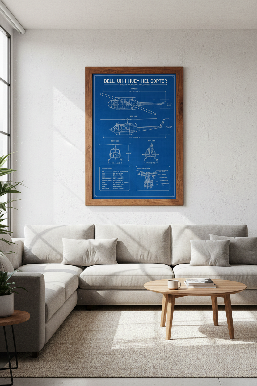 Bell UH-1 Huey Helicopter Blueprint Wall Art | Office Decor | Aviation Poster